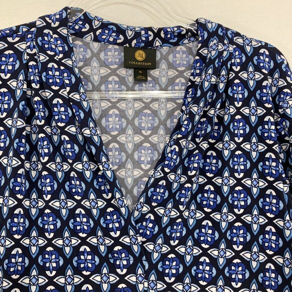 JM Collection XL Blue Black Floral Abstract Pattern Stretch Knit Top Office - Picture 3 of 9